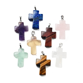 Natural Gemstone Pendants, Religion Cross Charms with Rack Plating Platinum Tone Brass Snap on Bails