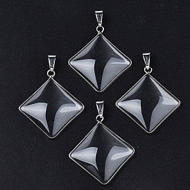 Brass Glass Pendants, with Iron Snap on Bails, Rhombus Charms, Platinum