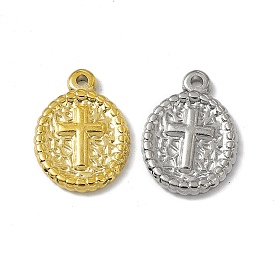 304 Stainless Steel Pendants, Oval with Cross Charm