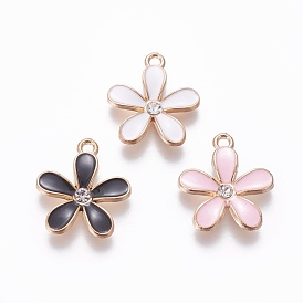 Alloy Enamel Pendants, with Rhinestone, Flower, Light Gold