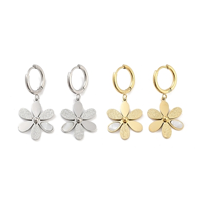 Left and Right Texture Flower 304 Stainless Steel Shell Dangle Earrings, Hoop Earrings for Women