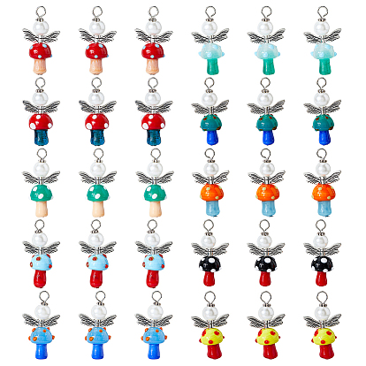 30 шт 10 цветов бусины ручной работы лэмпворк с подвесками из стеклянных жемчужин круглой формы, гриб и ангел, с фурнитурой из сплава в тибетском стиле и железными штифтами с плоскими головками