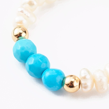 Natural Pearl Beaded Stretch Rings, with Faceted Gemstone Beads and Brass Beads, Golden