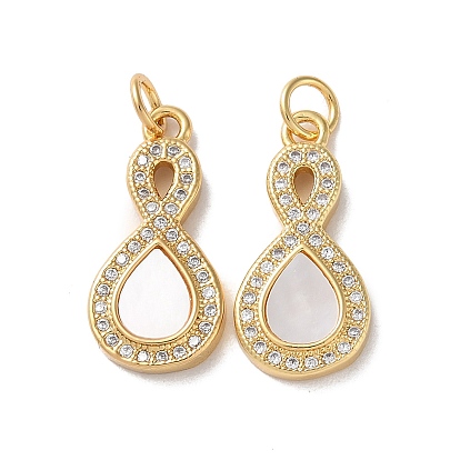 Brass Micro Pave Cubic Zirconia Pendants, Cadmium Free & Lead Free, with Shell, Real 18K Gold Plated, Infinity