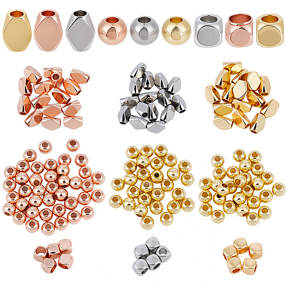 180Pcs 9 Styles Brass Beads, Rack Plating, Long-Lasting Plated, Lead Free & Cadmium Free, Round & Rhombus & Cube