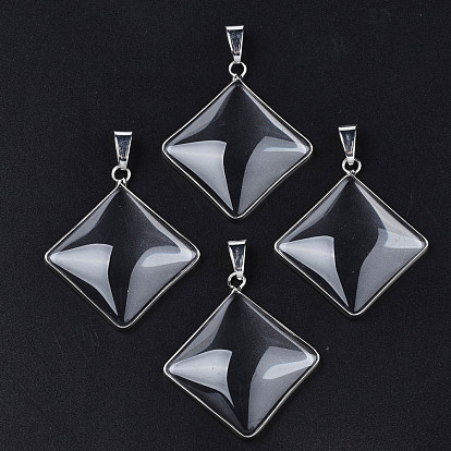 Brass Glass Pendants, with Iron Snap on Bails, Rhombus Charms, Platinum