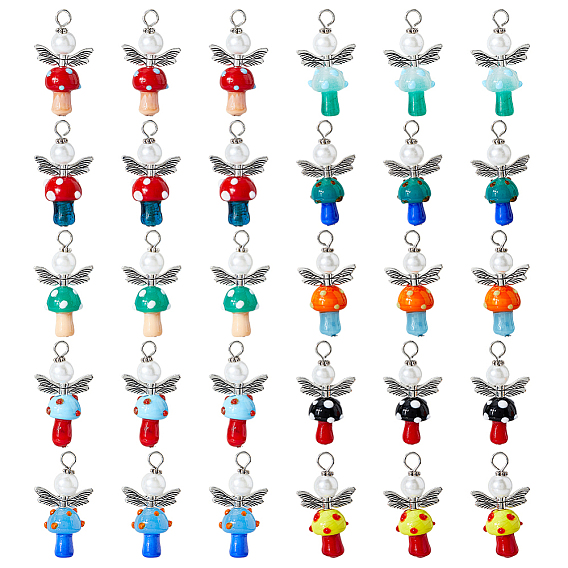 30 шт 10 цветов бусины ручной работы лэмпворк с подвесками из стеклянных жемчужин круглой формы, гриб и ангел, с фурнитурой из сплава в тибетском стиле и железными штифтами с плоскими головками