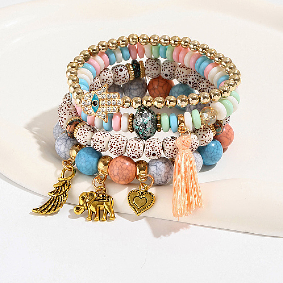 4Pcs 4 Style Plastic Beaded Stretch Bracelet Sets, Hamsa Hand & Elephant & Heart Alloy Charms Stackable Bracelets