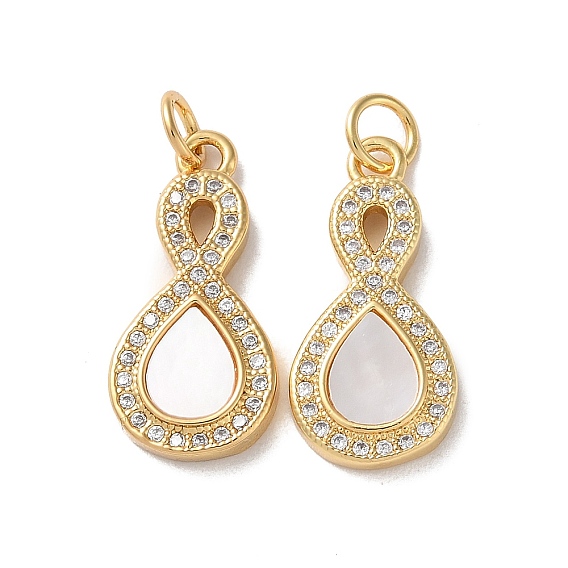 Brass Micro Pave Cubic Zirconia Pendants, Cadmium Free & Lead Free, with Shell, Real 18K Gold Plated, Infinity