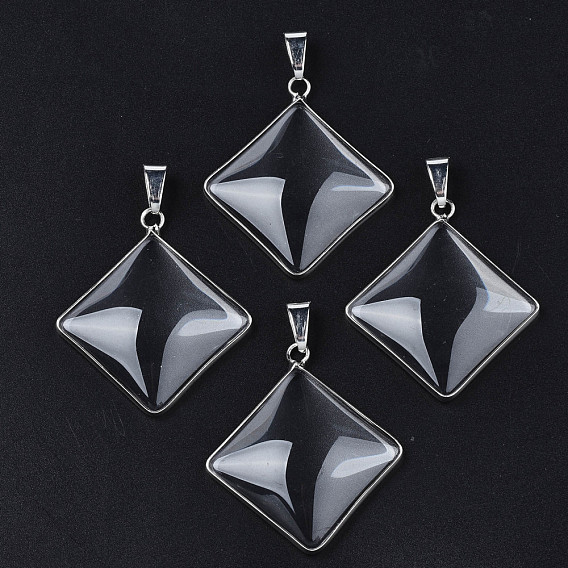 Brass Glass Pendants, with Iron Snap on Bails, Rhombus Charms, Platinum
