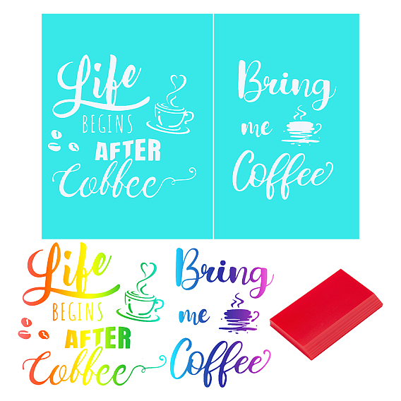 2Pcs Coffee Theme Pattern Self-Adhesive Silk Screen Printing Stencil, and TPU Scraper