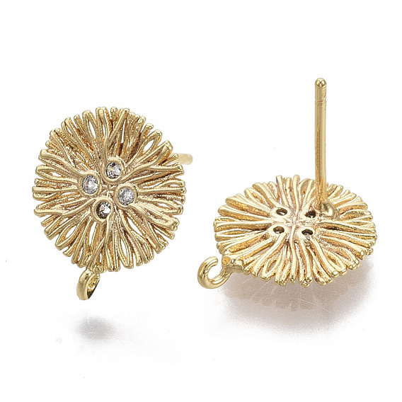 Латунные серьги-гвоздики из циркония, с петлей, реальный 18 k позолоченный, без никеля , плоско-круглые, прозрачные