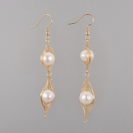 Dangle Earrings, with Wire Wrapped Natural Cultured Freshwater Pearl Pendants and Brass Earring Hooks, Cardboard Box