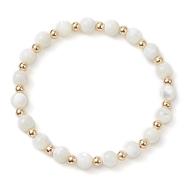 Round Natural Sea Shell Beaded Stretch Bracelets with Brass Beads for Women Men