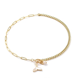 Natural Shell Fishtail Pendant Necklaces, with Natural Pearl Beads, Brass Enamel Curb Chains, Brass Paperclip Chains and 304 Stainless Steel Toggle Clasps, Creamy White