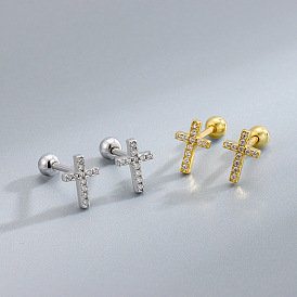 925 Silver Cross Screw Needle Earrings with Diamond - Gold Plated, Luxurious, Women's Fashion.
