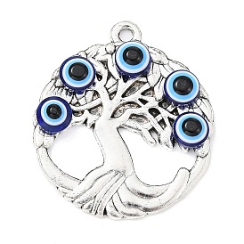 Alloy Pendants, Tree of Life with Resin Evil Eye Charms, Antique Silver