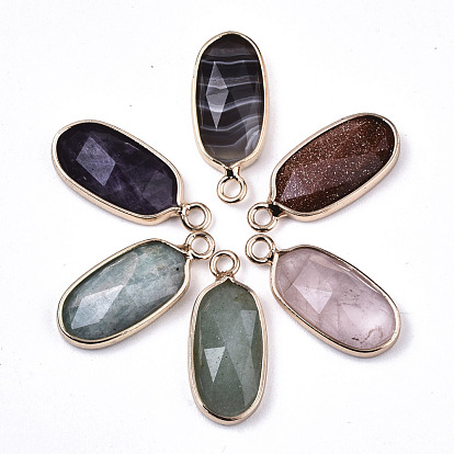 Gemstone Pendants, with Light Gold Plated Brass Edge and Loop, Oval, Faceted