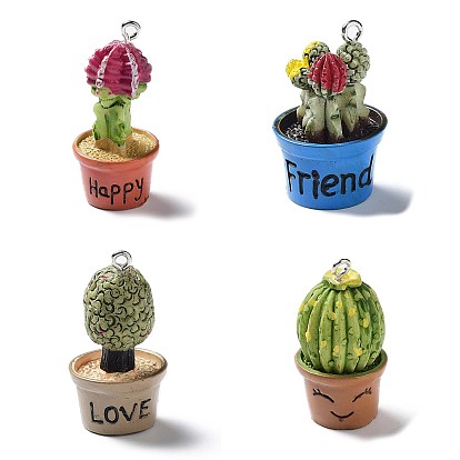 Cactus Pot Green Plant Resin Pendants, Cactus Charms with Platinum Plated Metal Loops