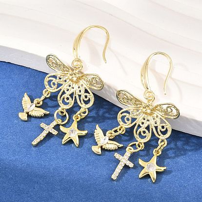 Серьги-подвески из латуни с прозрачными кубическими циркониями и крестом в виде птицы и морской звезды., стойки покрытие, долговечный, без свинца и без кадмия