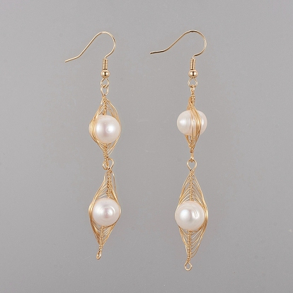 Dangle Earrings, with Wire Wrapped Natural Cultured Freshwater Pearl Pendants and Brass Earring Hooks, Cardboard Box