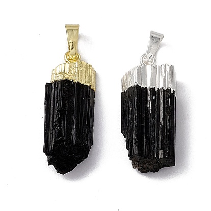 Natural Black Tourmaline Pendants, Nuggets Charms, with Brass Findings, Cadmium Free & Lead Free