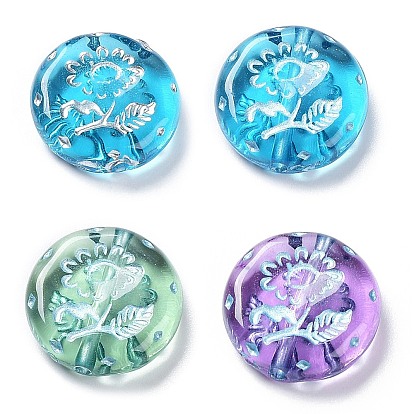 Plating Transparent Acrylic Beads, Metal Enlaced, Flat Round with Flower Pattern