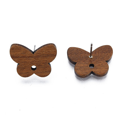 Walnut Wood Stud Earring Findings, with Hole and 304 Stainless Steel Pin, Butterfly