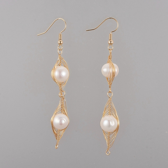 Dangle Earrings, with Wire Wrapped Natural Cultured Freshwater Pearl Pendants and Brass Earring Hooks, Cardboard Box