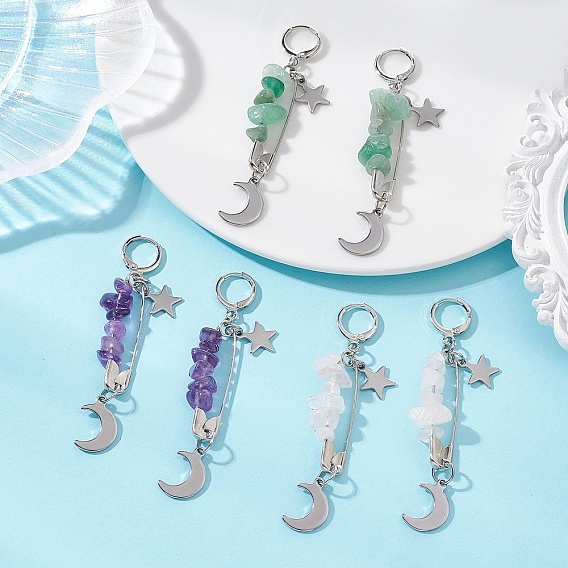 3 пары латунных сережек с застежкой-крючком, с бусинами из натуральных драгоценных камней и 304 подвесками из нержавеющей стали, Луна и звезды, платина