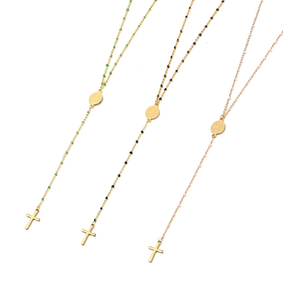 Lariat Necklaces, with Brass Enamel Cable Chain, 304 Stainless Steel Charms and Lobster Claw Clasps, Cross, Oval with Saint Benedict