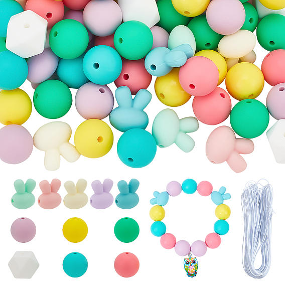 Набор для самостоятельного изготовления ожерелья для кормления грудью на пасхальную тематику, включая кролика и круглые пищевые силиконовые бусины, эластичный шнур