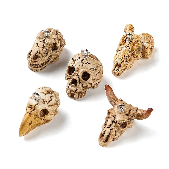 Skull Theme Opaque Resin Pendants, with Platinum Iron Loop