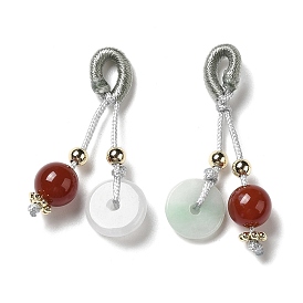 Natural Jadeite Pendants, Donut/Pi Disc Charms, with Round Natural Agate Cord Tassel