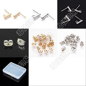 Unicraftale 60Pcs 6 Style 304 Stainless Steel Rectangle Stud Earring Findings, with Loop, with 20Pcs 304 Stainless Steel & 10Pcs Iron Ear Nuts