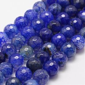 Faceted Natural Dragon Veins Agate Beads Strands, Round, Dyed & Heated