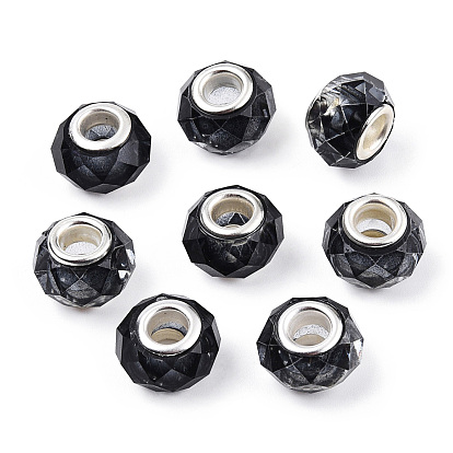 Transparent Resin European Beads, Imitation Crystal, Two-Tone Large Hole Beads, with Silver Tone Brass Double Cores, Faceted, Rondelle