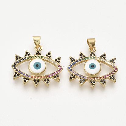 Golden Plated Brass Micro Pave Cubic Zirconia Pendants, Cadmium Free & Lead Free, with Enamel, Evil Eye