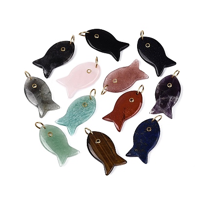 Natürliche und synthetische Mischedelsteinanhänger, Fisch Charme, mit Messing-Pavé-Zirkonia-Fassungen, mit Ringe springen, gemischt gefärbt und ungefärbt