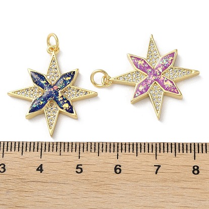 Brass Micro Pave Clear Cubic Zirconia Pendants, with Synthetic Opal and Jump Ring, Real 18K Gold Plated, Star