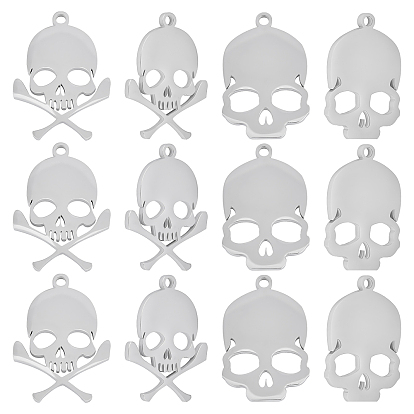 12Pcs 2 Style 201 Stainless Steel Pendants, Laser Cut, Skull