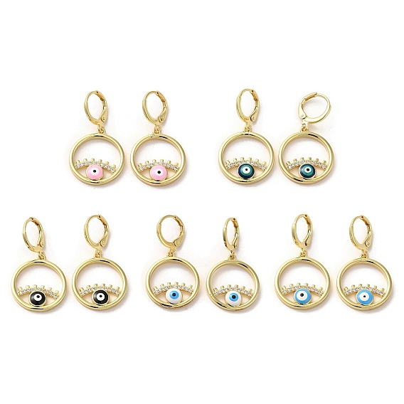 Evil Eye Golden Brass Dangle Leverback Earrings, with Enamel and Cubic Zirconia