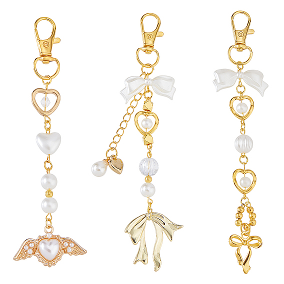 3шт. 3 стили брелоки с бантом из цинкового сплава, АБС-пластика и имитацией жемчуга, золотые