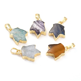 Natural Mixed Gemstone Pendants, with Golden Brass Findings, Leaf