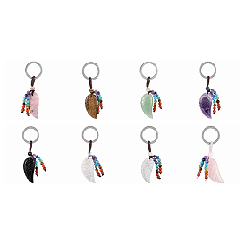 7 porte-clés pendentif chakra naturel, avec porte-clés en alliage de ton platine et perles rondes en pierres précieuses