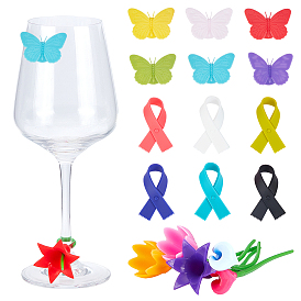 PandaHall Elite 3 Sets 3 Styles Silicone Wine Glass Charms, Drink Markers, Butterfly/Rectangle/Flower