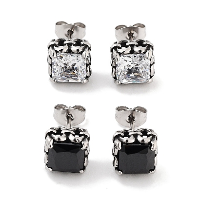Square 316 Surgical Stainless Steel Pave Cubic Zirconia Stud Earrings for Women Men, Antique Silver