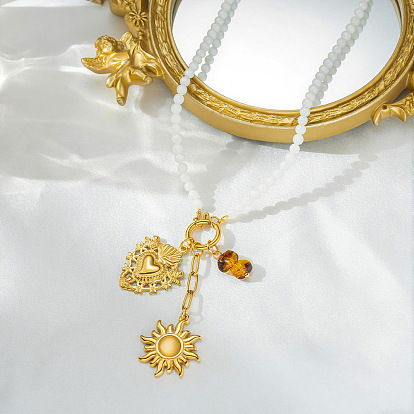 304 Stainless Steel Sacred Heart Sun Pendant White Glass Beaded Necklaces for Women
