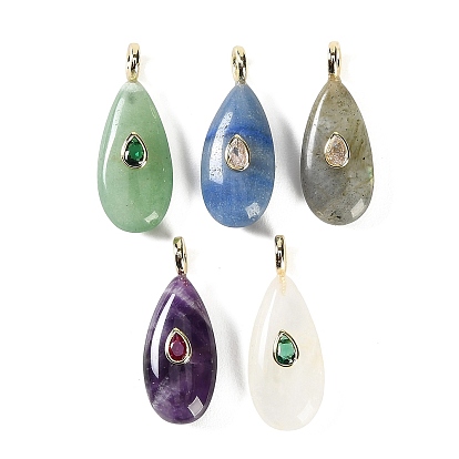 Colgantes de piedras preciosas naturales, Dijes de lágrima con hallazgos de circonita cúbica micropavé de latón, dorado