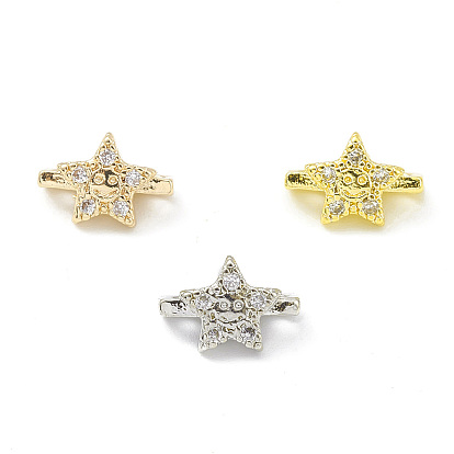 Rack Plating Brass Pave Cubic Zirconia Slide Charms, Cadmium Free & Lead Free, Long-Lasting Plated, Star with Smiling Face Pattern